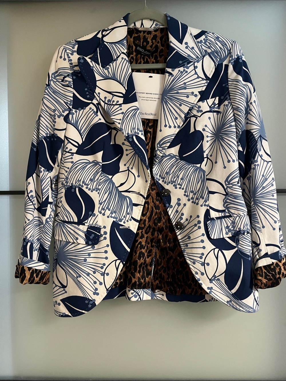 🆕🩵🤍Dolce & Gabbana White and Navy Floral-Print Women's Blazer